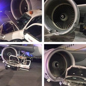 Avião teve a turbina danificada e carro ficou completamente destruído
