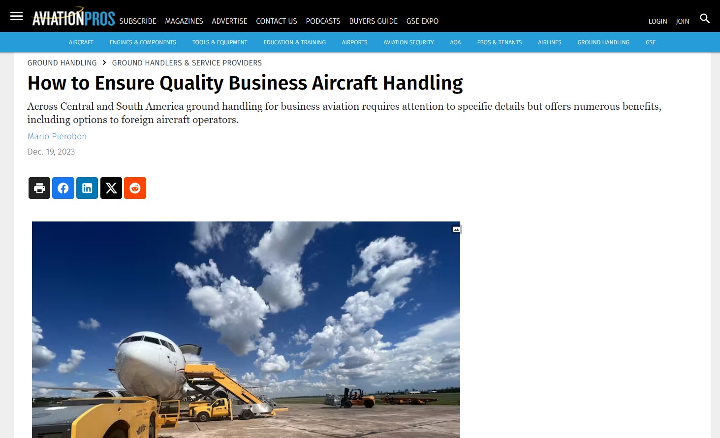 Captura de tela da matéria "How to ensure quality business aircraft handling"